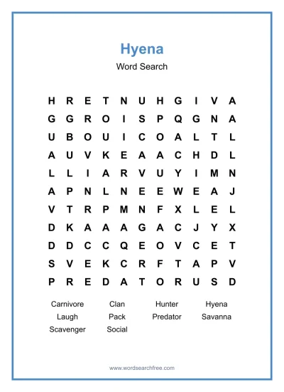 Printable Hyena Word Search worksheet