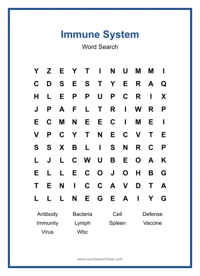 Printable Immune System Word Search worksheet
