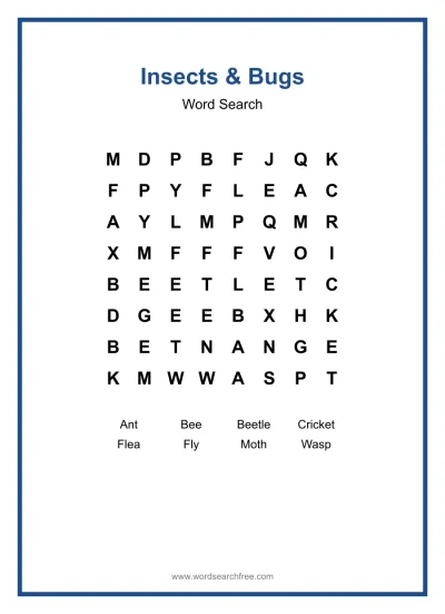 Printable Insects & Bugs Word Search worksheet
