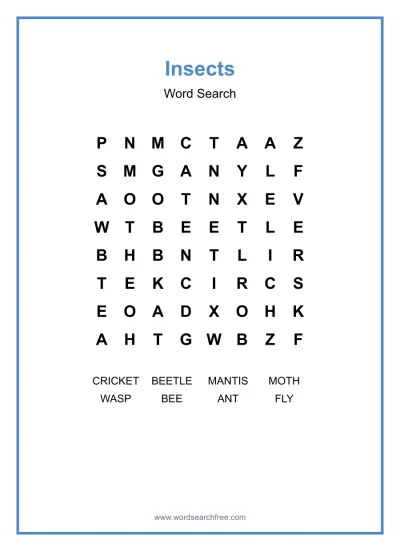 Printable Insects Word Search worksheet
