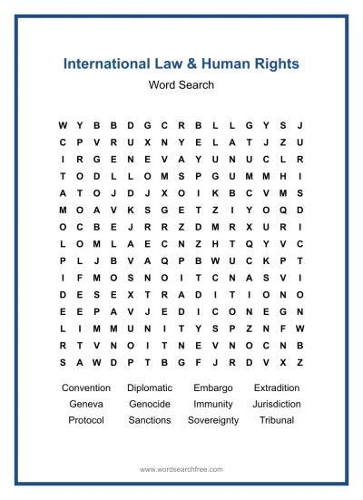 Printable International Law & Human Rights Word Search worksheet