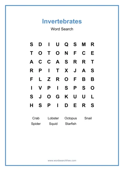 Printable Invertebrates Word Search worksheet