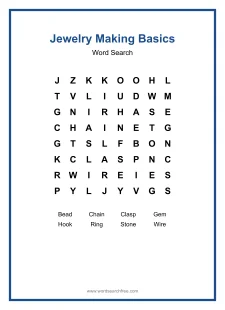 Jewelry Making Basics Word Search - Free printable puzzle with 8 words