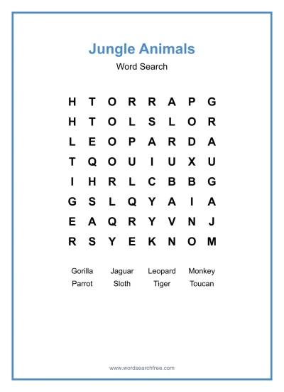Printable Jungle Animals Word Search worksheet
