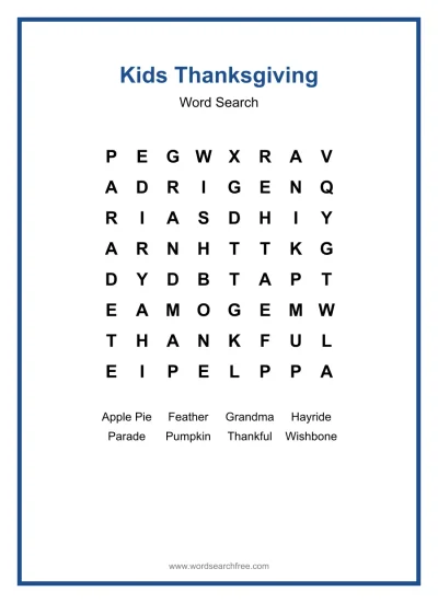 Printable Kids Thanksgiving Word Search worksheet