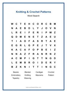 Knitting & Crochet Patterns Word Search - Free printable puzzle with 10 words