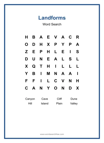 Printable Landforms Word Search worksheet