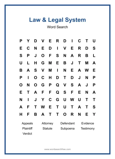 Printable Law & Legal System Word Search worksheet