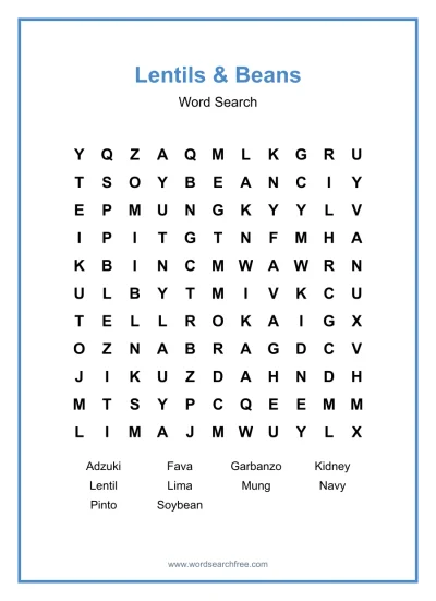 Printable Lentils & Beans Word Search worksheet