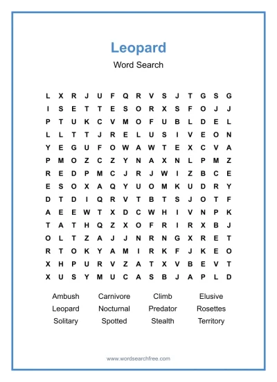Printable Leopard Word Search worksheet