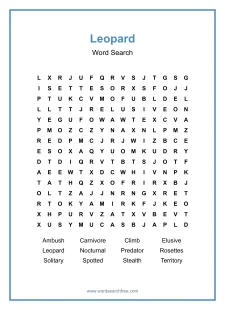 Leopard Word Search - Free printable puzzle with 12 words