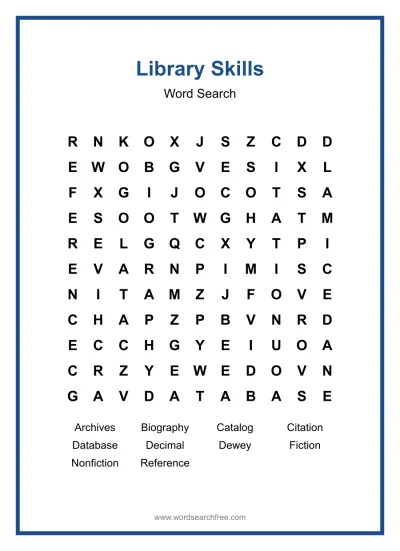 Printable Library Skills Word Search worksheet