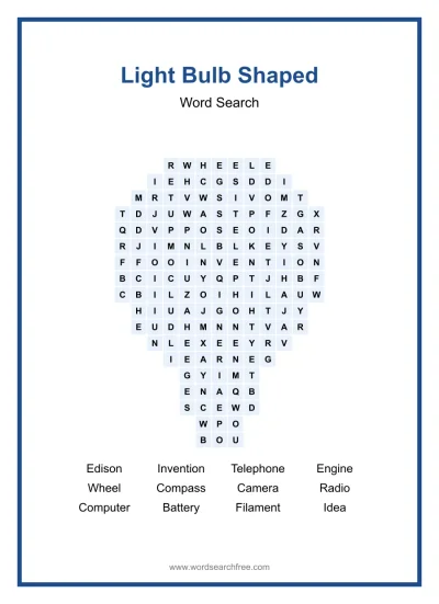 Printable Light Bulb Shaped Word Search worksheet