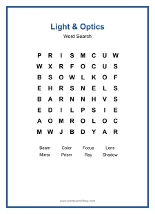 Light & Optics Word Search - Free printable puzzle with 8 words