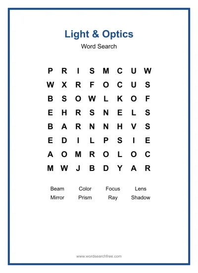 Printable Light & Optics Word Search worksheet