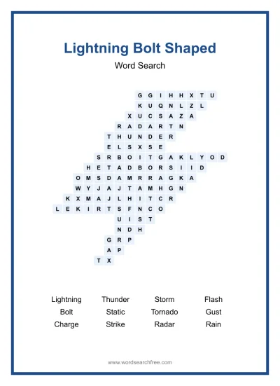 Printable Lightning Bolt Shaped Word Search worksheet