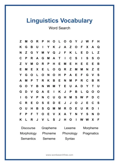 Printable Linguistics Vocabulary Word Search worksheet