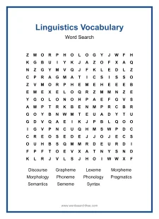 Linguistics Vocabulary Word Search - Free printable puzzle with 11 words