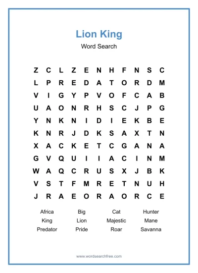 Printable Lion King Word Search worksheet