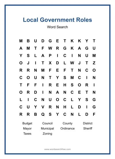 Printable Local Government Roles Word Search worksheet