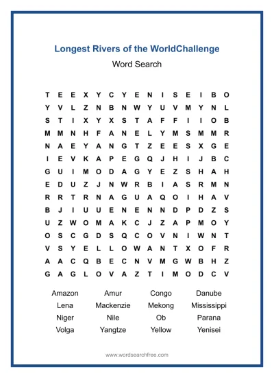 Printable Longest Rivers of the World Challenge Word Search worksheet