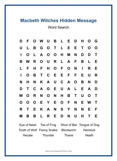 Printable Macbeth Witches Hidden Message Word Search worksheet