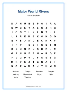 Major World Rivers Word Search - Free printable puzzle with 10 words