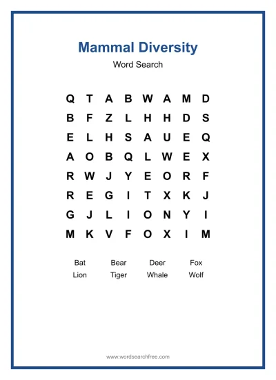 Printable Mammal Diversity Word Search worksheet