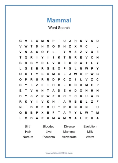 Printable Mammal Word Search worksheet