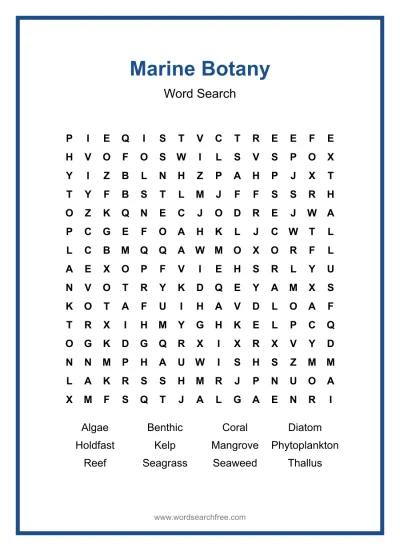 Printable Marine Botany Word Search worksheet