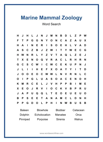 Printable Marine Mammal Zoology Word Search worksheet