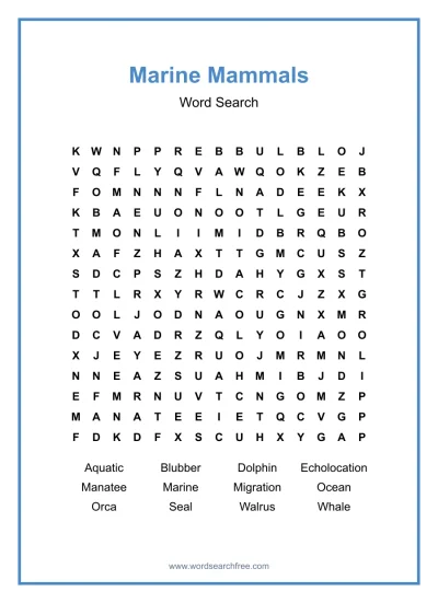 Printable Marine Mammals Word Search worksheet