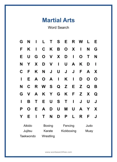 Printable Martial Arts Word Search worksheet