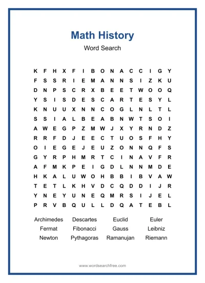 Printable Math History Word Search worksheet