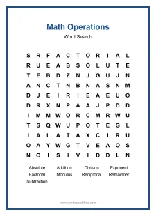 Math Operations Word Search - Free printable puzzle with 9 words