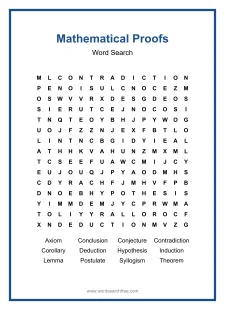 Mathematical Proofs Word Search - Free printable puzzle with 12 words