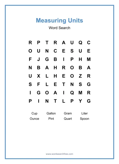 Printable Measuring Units Word Search worksheet