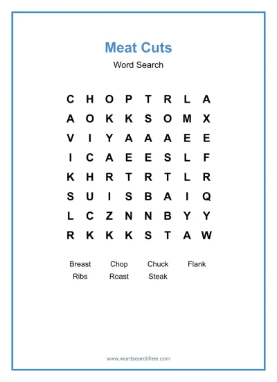 Printable Meat Cuts Word Search worksheet