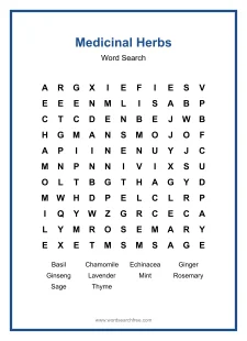Medicinal Herbs Word Search - Free printable puzzle with 10 words