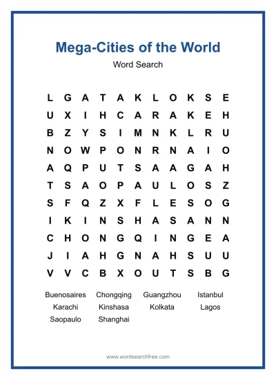 Printable Mega-Cities of the World Word Search worksheet