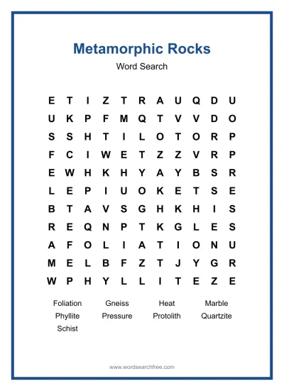 Printable Metamorphic Rocks Word Search worksheet
