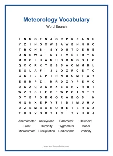 Meteorology Vocabulary Word Search - Free printable puzzle with 12 words