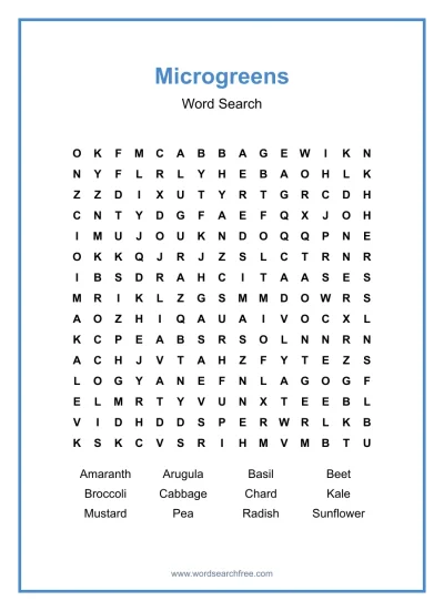 Printable Microgreens Word Search worksheet