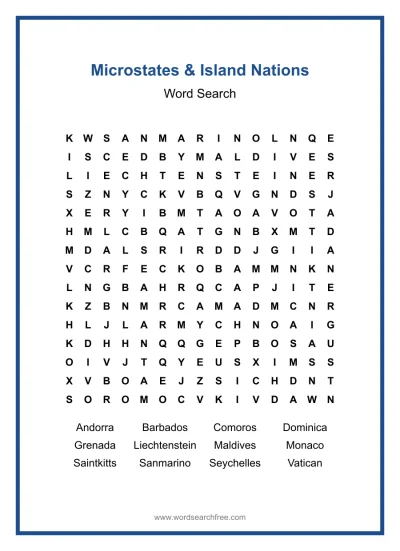 Printable Microstates & Island Nations Word Search worksheet