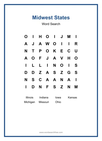 Printable Midwest States Word Search worksheet