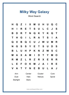 Milky Way Galaxy Word Search - Free printable puzzle with 10 words