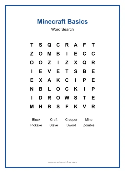 Printable Minecraft Basics Word Search worksheet