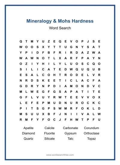 Printable Mineralogy & Mohs Hardness Word Search worksheet