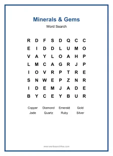 Minerals & Gems - Easy Word Search Puzzle