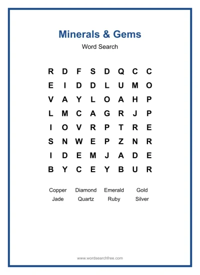 Printable Minerals & Gems Word Search worksheet